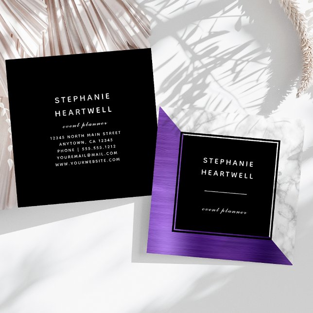 Modern Purple Brushed Metal White Marble Black Square Business Card (Creator Uploaded)