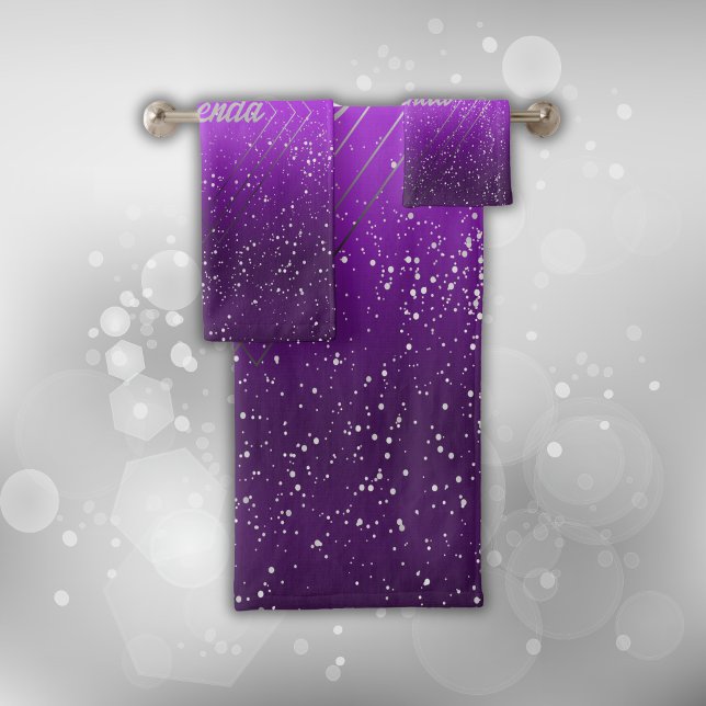 Modern Purple Brushed Metal with Silver Monogram | Bath Towel Set (Creator Uploaded)