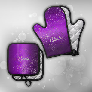 Modern Purple Brushed Metal with Silver Monogram Oven Mitt & Pot Holder Set