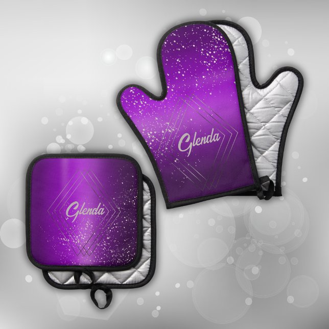 Modern Purple Brushed Metal with Silver Monogram | Oven Mitt & Pot Holder Set (Creator Uploaded)
