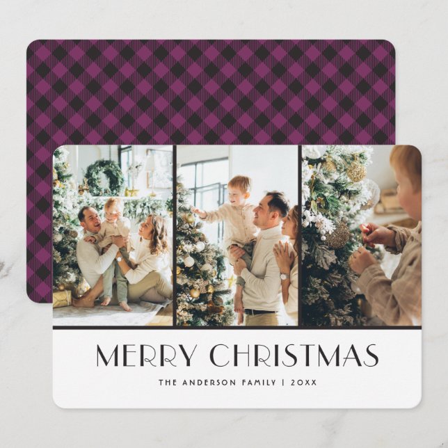 Modern Purple Buffalo Plaid Photo Christmas Cards (Front/Back)