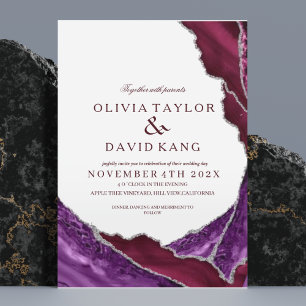 Modern Purple & Burgundy Silver Agate Wedding Invitation