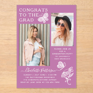 Modern Purple Butterfly Photo Graduation Party Acrylic Invitations