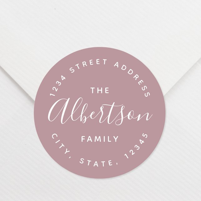 Modern Purple Calligraphy Family Name Address Classic Round Sticker (Creator Uploaded)