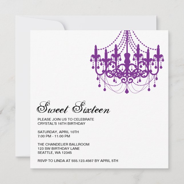 Modern Purple Chandelier Sweet Sixteen Birthday Invitation (Front)