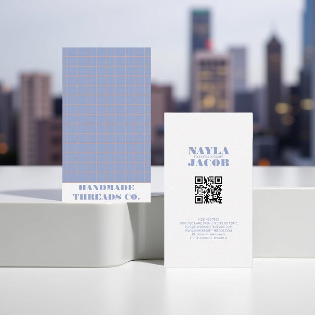 Modern Purple Chequered Pattern QR Code  Business Card (Creator Uploaded)