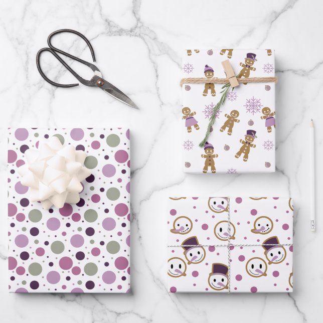 Modern Purple Christmas Snowmen Gingerbread Men Wrapping Paper Sheet (Front)