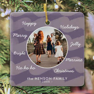 Modern Purple Christmas Wishes Family Photo Ceramic Ornament