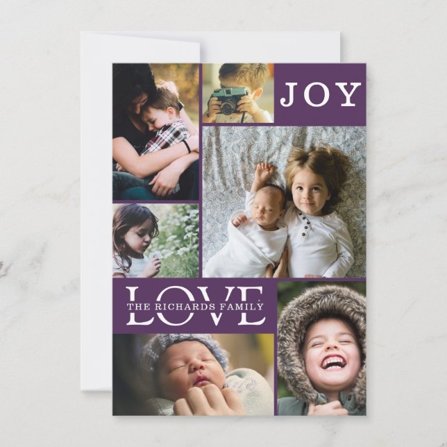 Modern Purple Colour Block Family 6 Photo Collage Holiday Card (Front)