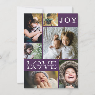 Modern Purple Colour Block Family 6 Photo Collage Holiday Card