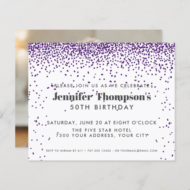 Modern Purple Confetti Glitter 50th Birthday Photo (Front/Back)