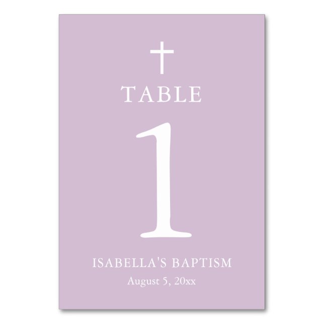 Modern Purple Cross Girl Baptism Table Number Card (Front)