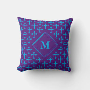 Modern Purple Cyan Blue CROSS Monogram Cushion