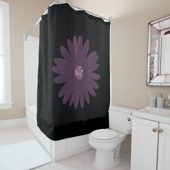 Modern purple daisy with glitter centre shower curtain (In Situ)