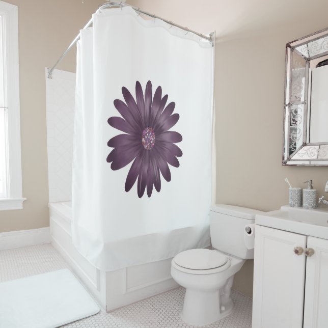 Modern purple daisy with glitter on white shower curtain (In Situ)