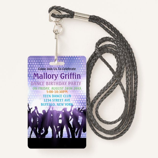 Modern Purple Dance Birthday Party ID Badge (Front with Lanyard)