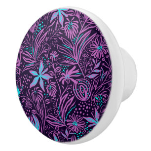 Modern Purple Dark Floral Pattern Ceramic Knob