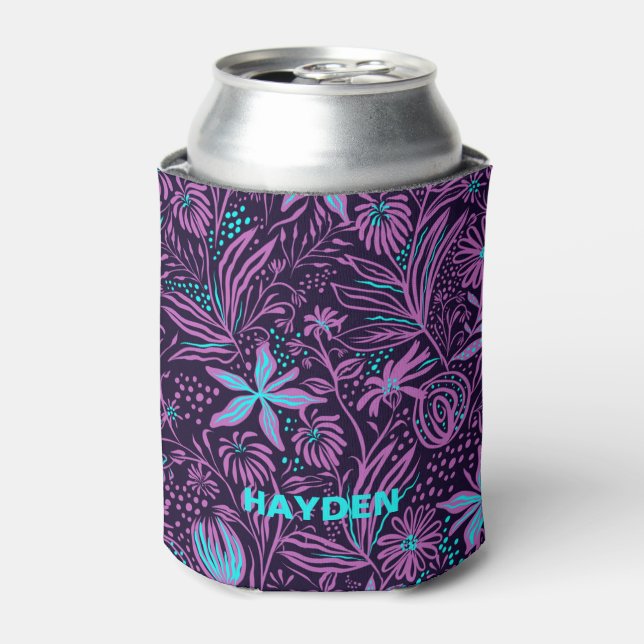 Modern Purple Dark Floral Pattern Personalised Can Cooler (Can Front)