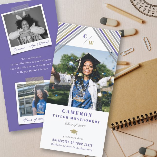 Modern Purple Diagonal Stripes Photo Graduation Announcement (Creator Uploaded)