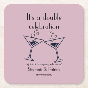 Modern Purple Double Celebration Joint Birthday Square Paper Coaster