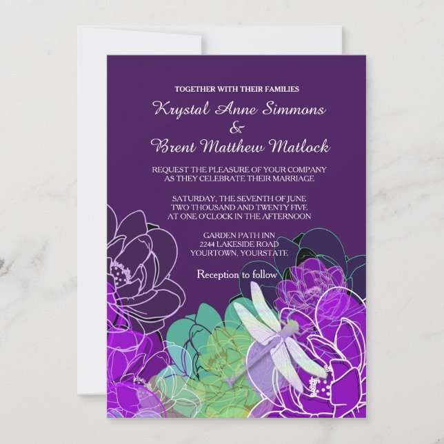 Modern Purple Dragonfly Floral Wedding Invitation (Front)
