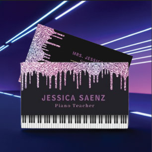 Modern Purple Drips Glitter Piano Teacher  Business Card