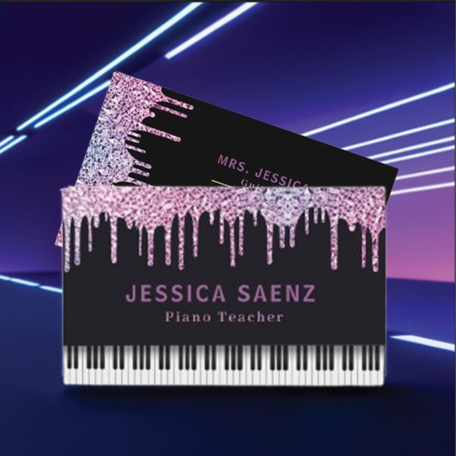 Modern Purple Drips Glitter Piano Teacher  Business Card (Creator Uploaded)
