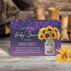 Modern Purple Drips Rustic Sunflower Baby Shower Invitation