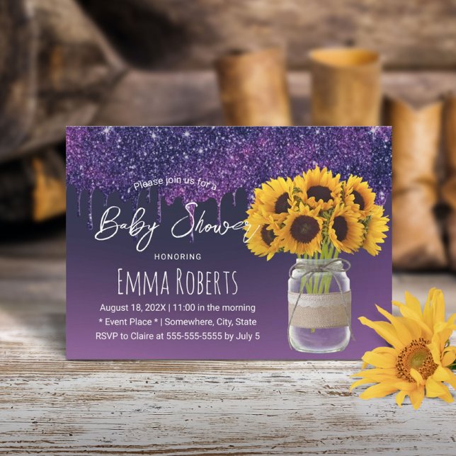 Modern Purple Drips Rustic Sunflower Baby Shower Invitation (Creator Uploaded)