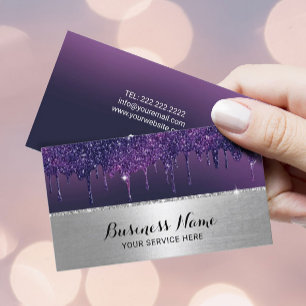 Modern Purple Drips Silver Border Beauty Salon SPA Business Card