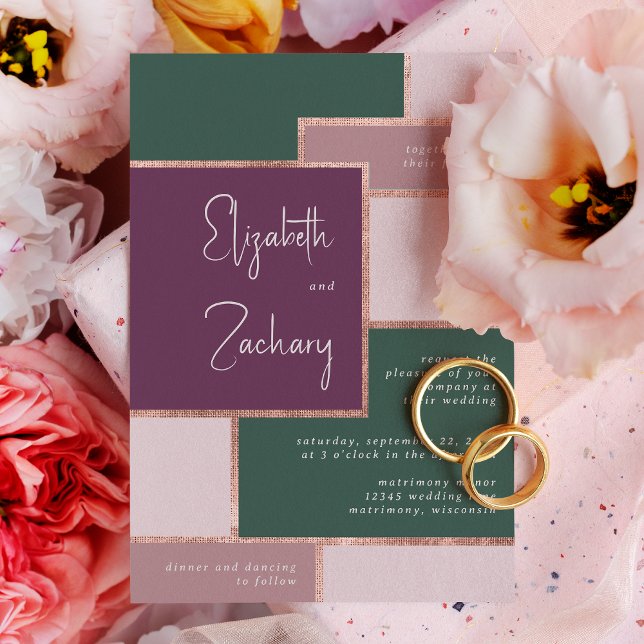 Modern Purple Emerald Green Rose Gold Wedding Invitation (A unique choice for a modern wedding with an emerald green, purple, blush and rose gold palette.)