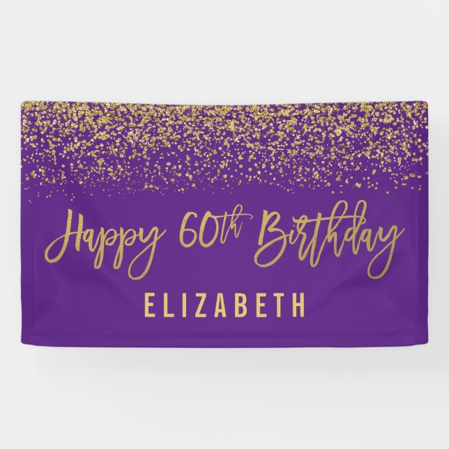 Modern Purple Faux Gold Glitter 60th Birthday Banner (Horizontal)