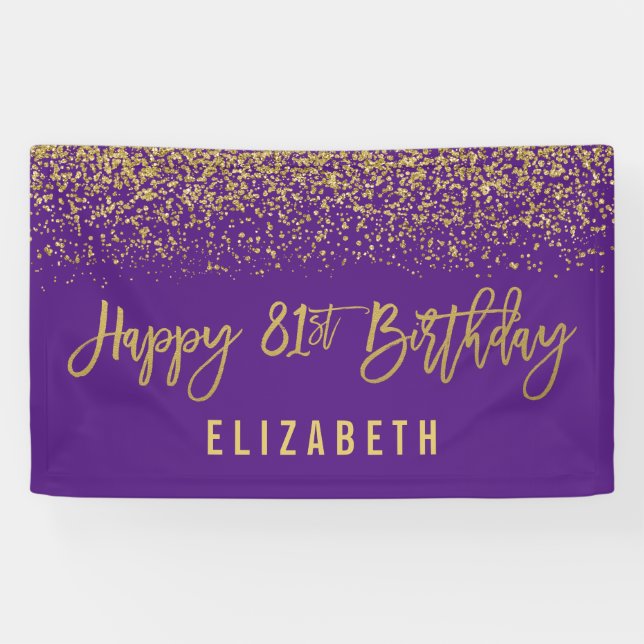 Modern Purple Faux Gold Glitter 81st Birthday Banner (Horizontal)
