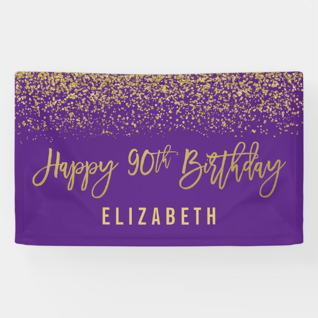 Modern Purple Faux Gold Glitter 90th Birthday Banner (Horizontal)