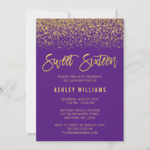 Modern Purple Faux Gold Glitter Sweet 16 Invitation