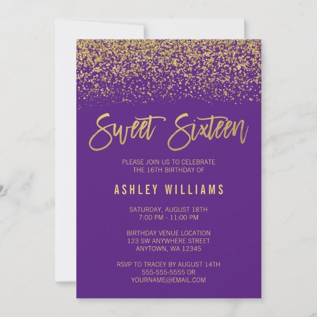 Modern Purple Faux Gold Glitter Sweet 16 Invitation (Front)