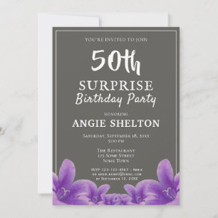 Modern Purple Floral 50th Surprise Birthday Party Invitation