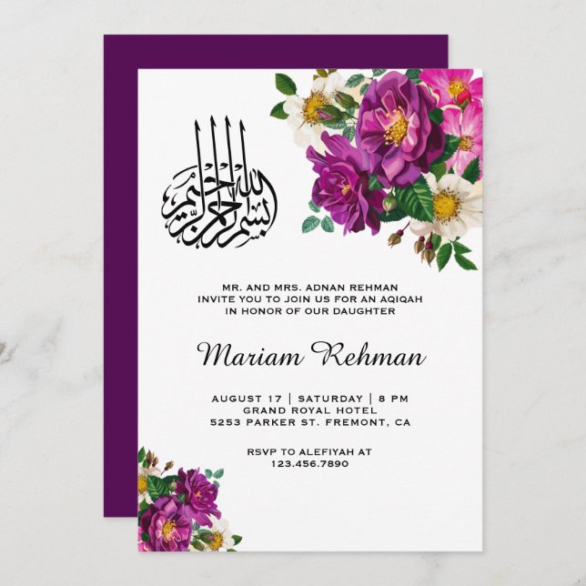 Modern Purple Floral Baby Girl Aqiqah Invitation (Front/Back)
