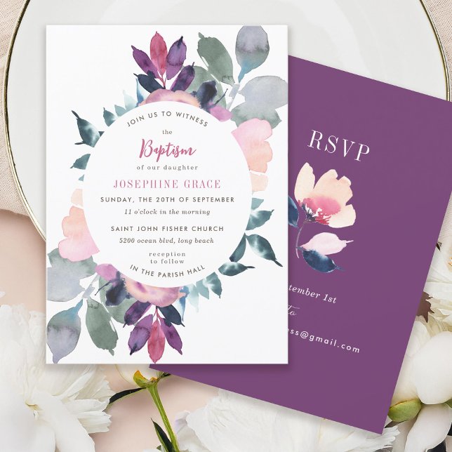 Modern Purple Floral Baptism Invitation (Creator Uploaded)