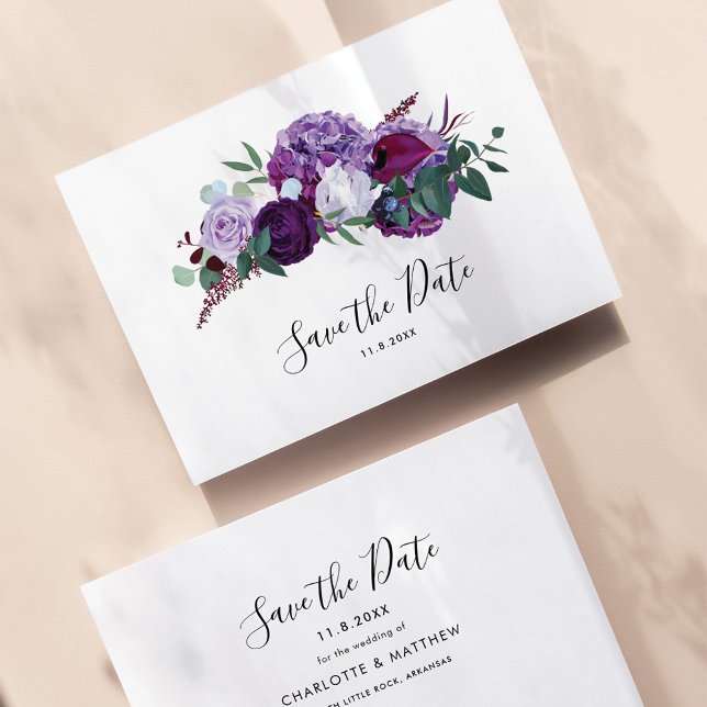 Modern Purple Floral Botanical Script Save The Date (Purple Floral Wedding Save the Date Announcement)