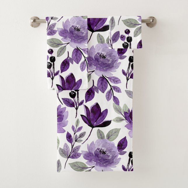 Modern Purple Floral Botanical Watercolor Bath Towel Set (Insitu)