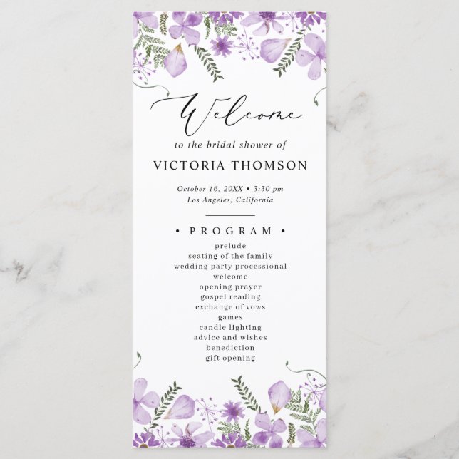 Modern Purple Floral Bridal Shower Program (Front)