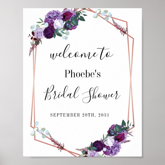 Modern Purple Floral Bridal Shower Welcome Poster (Front)