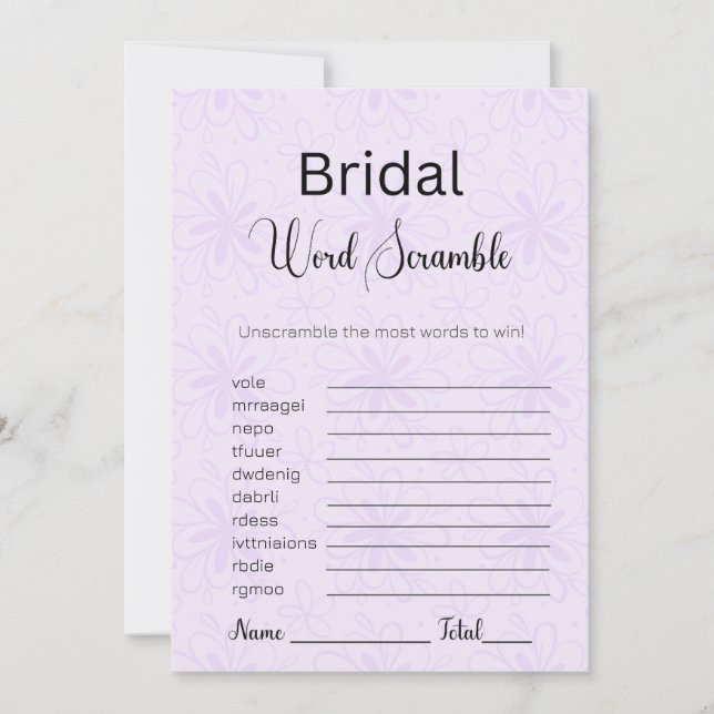 Modern Purple Floral Bridal Word Scramble Game Invitation (Front)