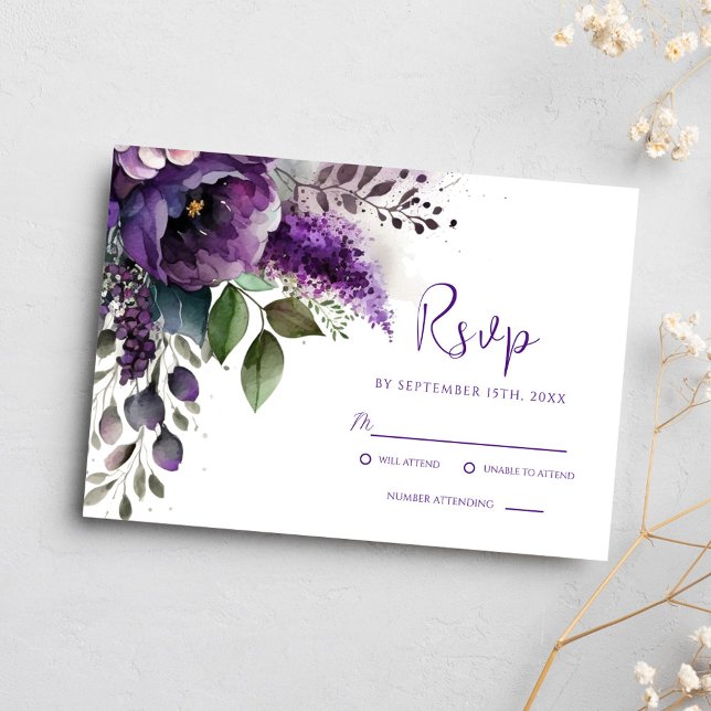 Modern Purple Floral Elegant Botanical Wedding RSVP Card (Modern Purple Floral Elegant Botanical Wedding RSVP Card)