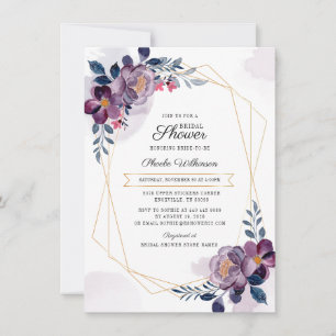 Modern Purple Floral Geometric Bridal Shower Invitation