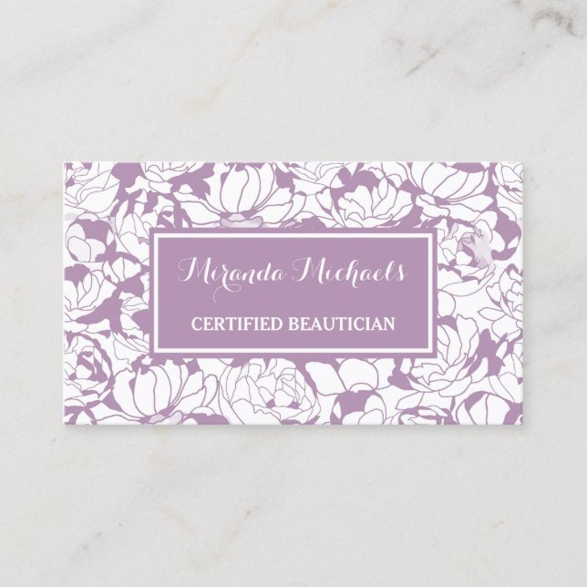 Modern Purple Floral Girly Certified Beautician Business Card (Front)