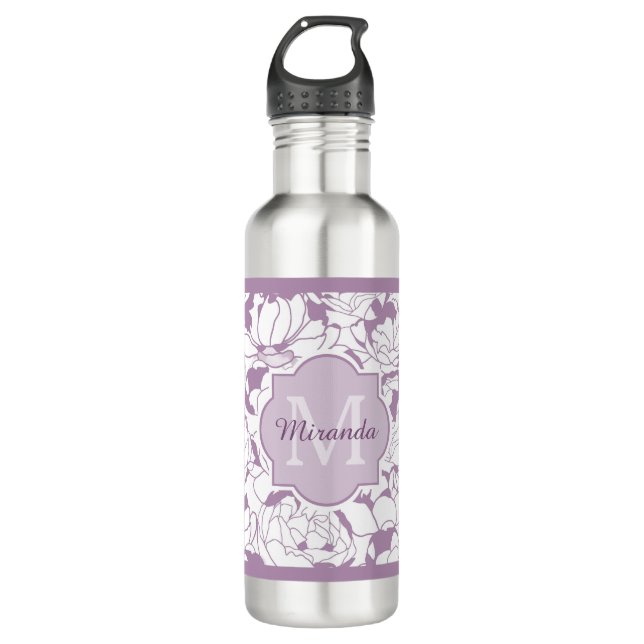Modern Purple Floral Girly Monogram With Name 710 Ml Water Bottle (Front)