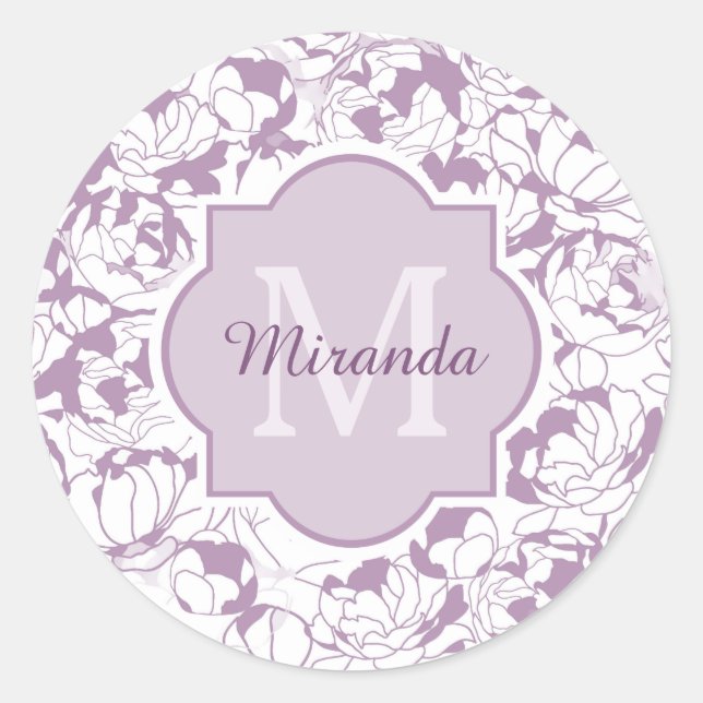 Modern Purple Floral Girly Monogram With Name Classic Round Sticker (Front)