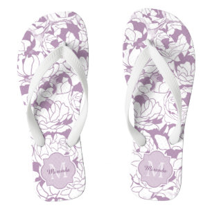 Modern Purple Floral Girly Monogram With Name Thongs
